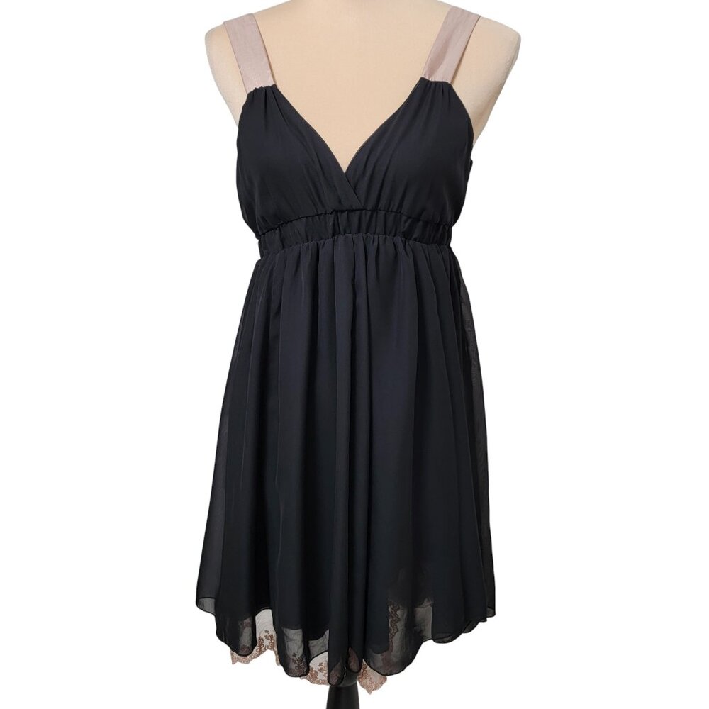 Johnny Martin Size 7 Black with Tan Straps & Lace Trim Babydoll Cocktail Dress